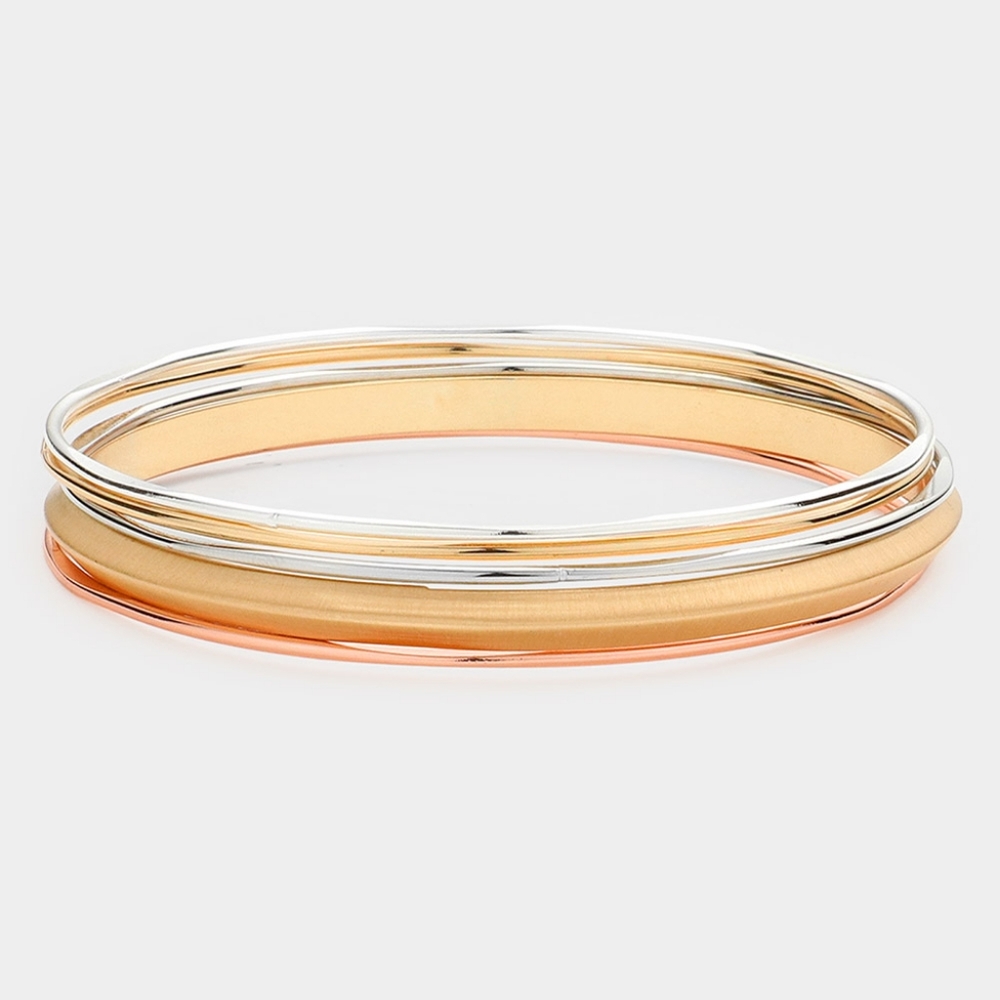 Gold Silver 5 Piece Metal Bangle Bracelets Set Casual Three Tone Mixed Layered